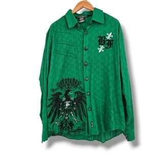Bare Fox Men's Green Eagle Crown Graphic Long‎ Sleeve Button Up Shirt XL Y2k